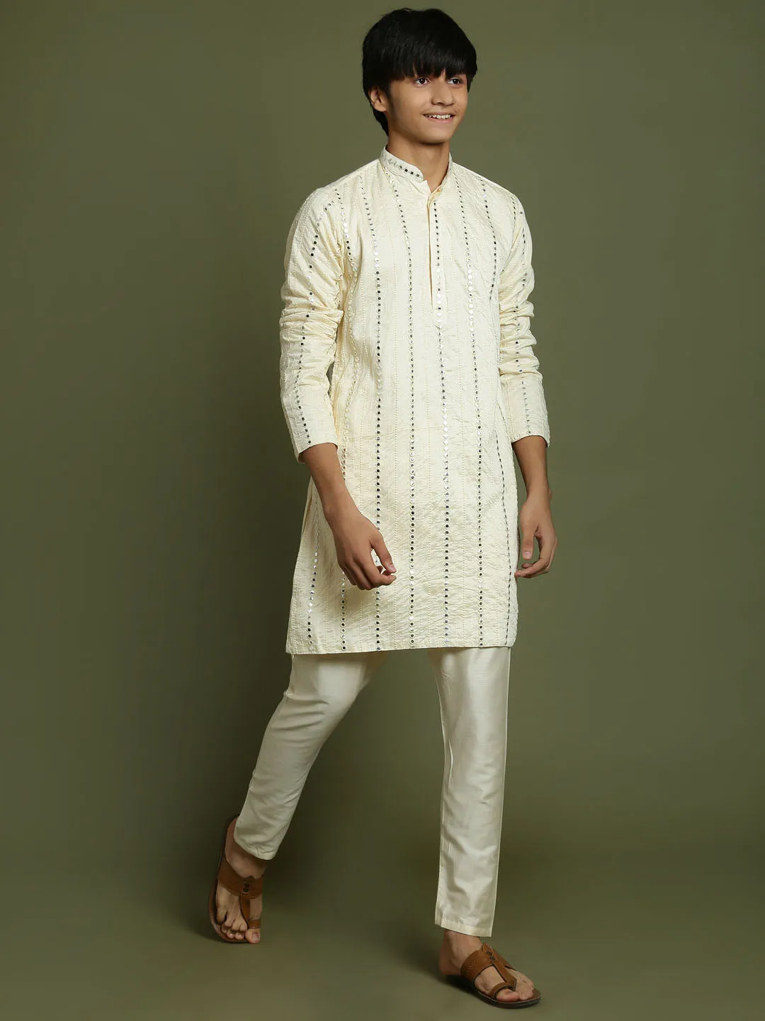 Jashvi Boys Cream Embroidered Vertical Mirror Work Kurta With Pyjama Set