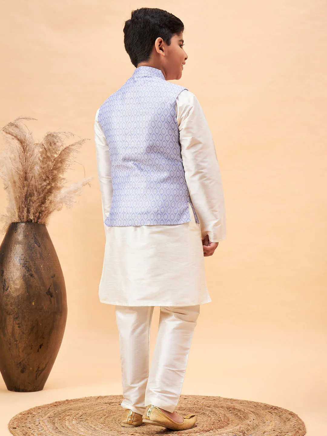 Jashvi Boy's Lavender Woven Jacket With Cream Kurta and Pyjama Set