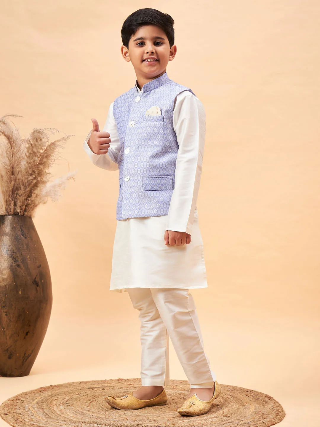 Jashvi Boy's Lavender Woven Jacket With Cream Kurta and Pyjama Set