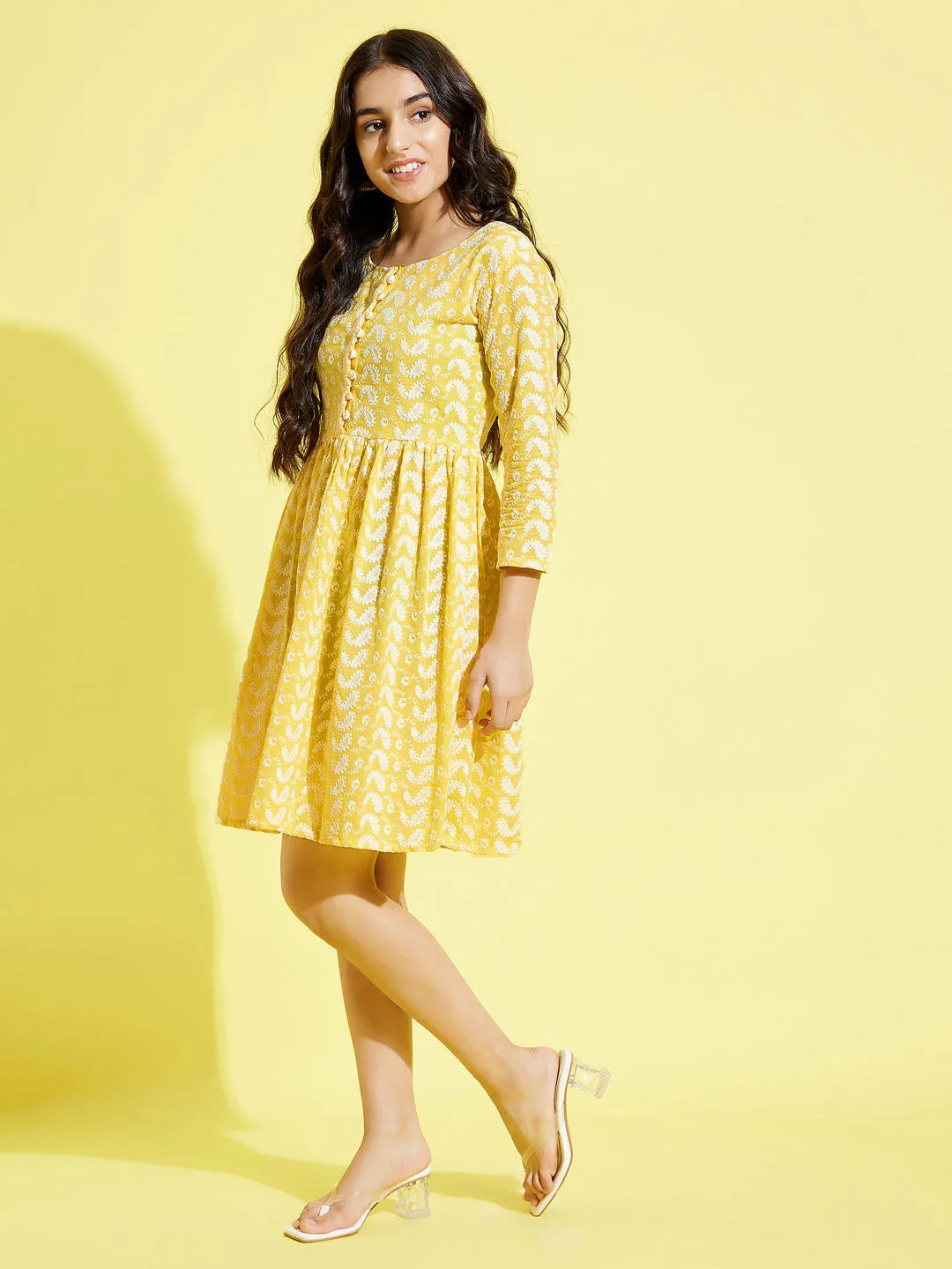 Jashvi Girls Mustard Pure Cotton Chikankari kurta