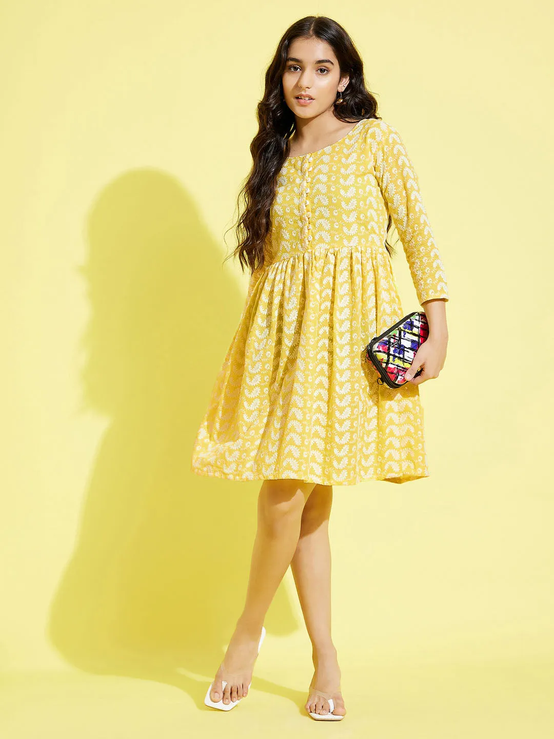 Jashvi Girls Mustard Pure Cotton Chikankari kurta