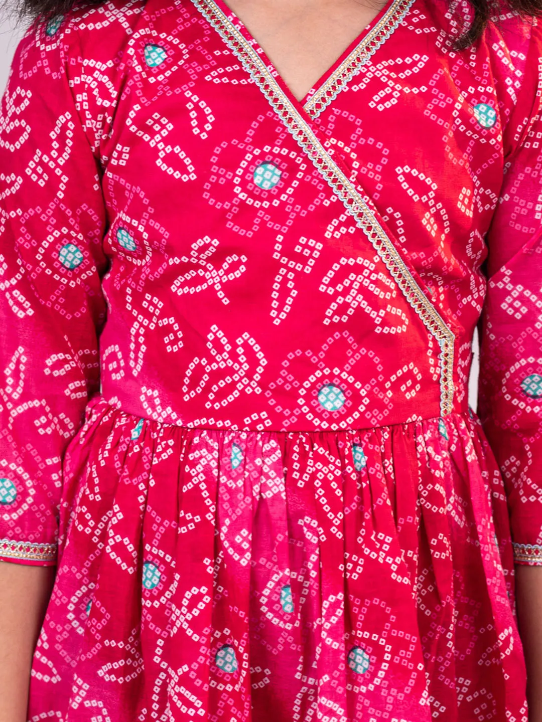 Jashvi Girls' Pink Color Bandhnai Print Angrakha Style Dress