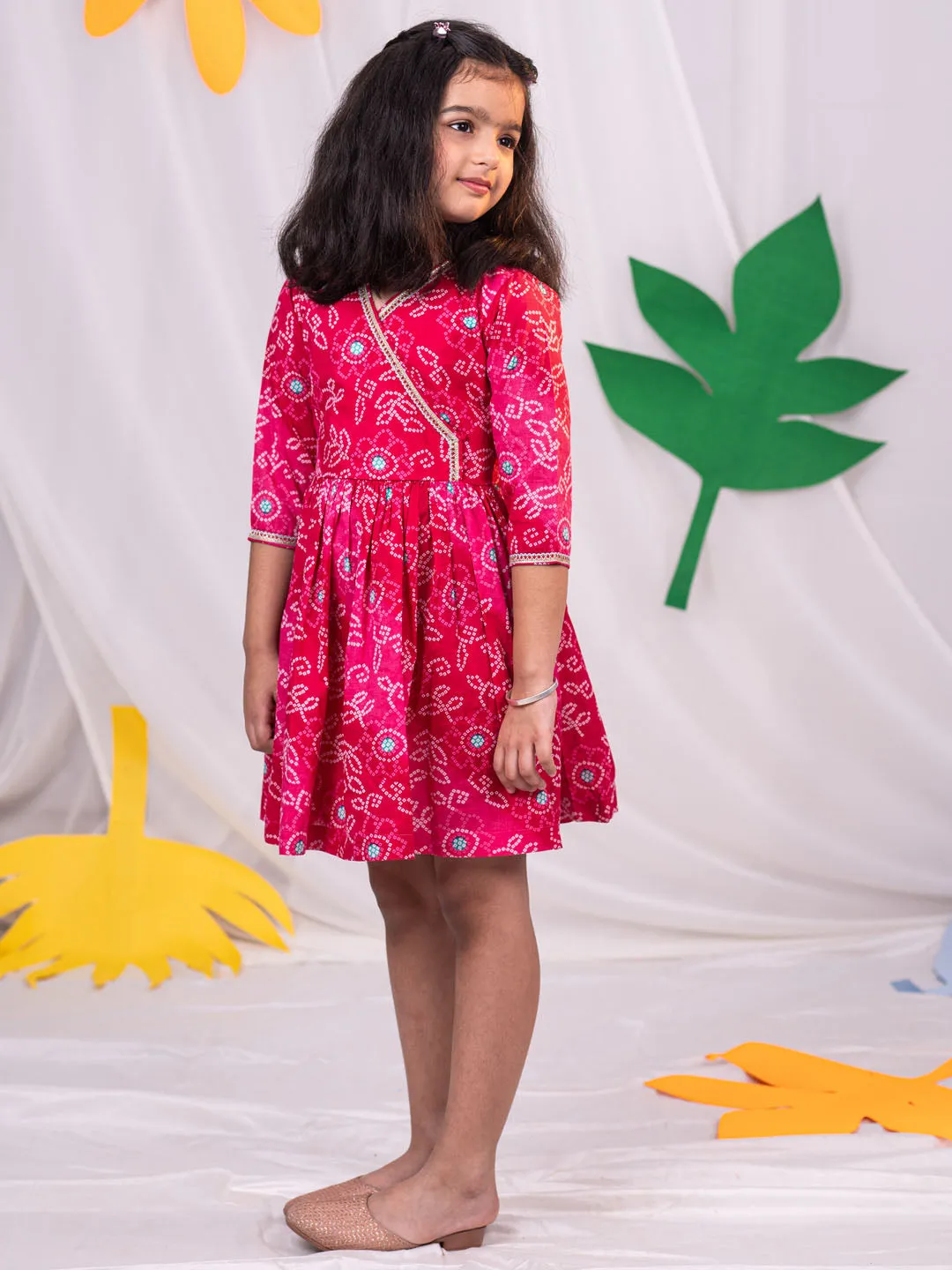 Jashvi Girls' Pink Color Bandhnai Print Angrakha Style Dress