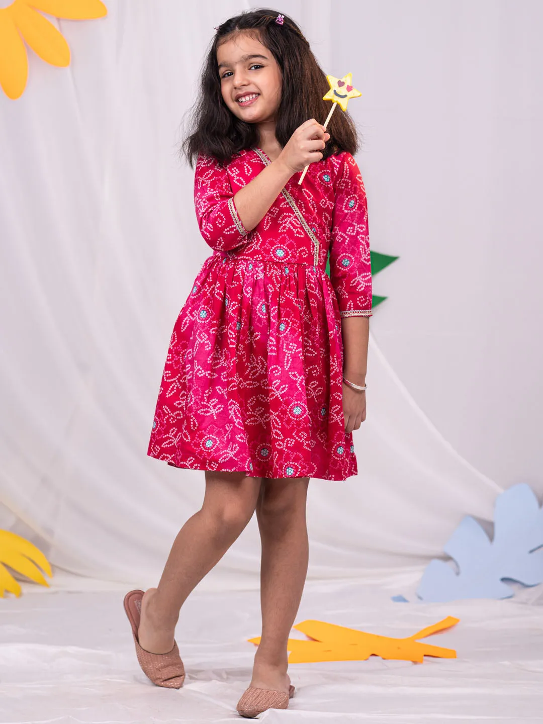 Jashvi Girls' Pink Color Bandhnai Print Angrakha Style Dress