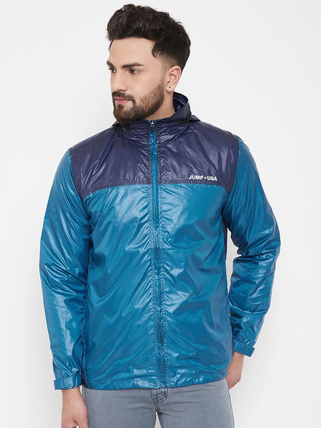 JUMP USA Men Navy Blue Colourblocked Rain Jacket