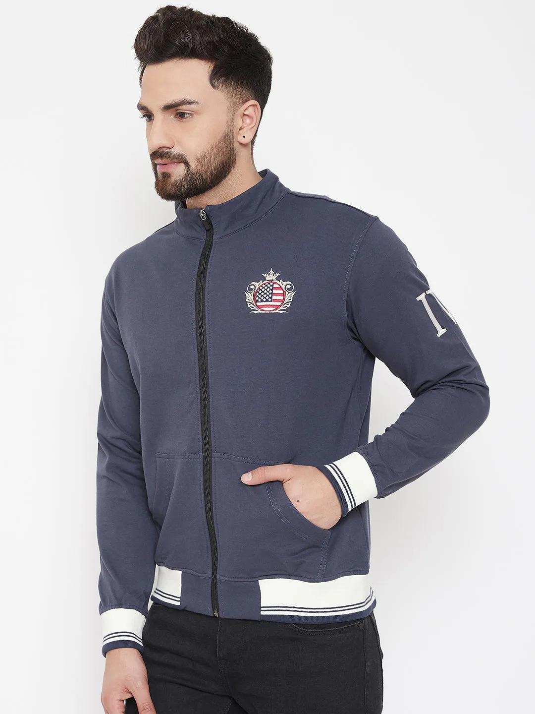 JUMP USA Men Navy Blue Solid Bomber Jacket