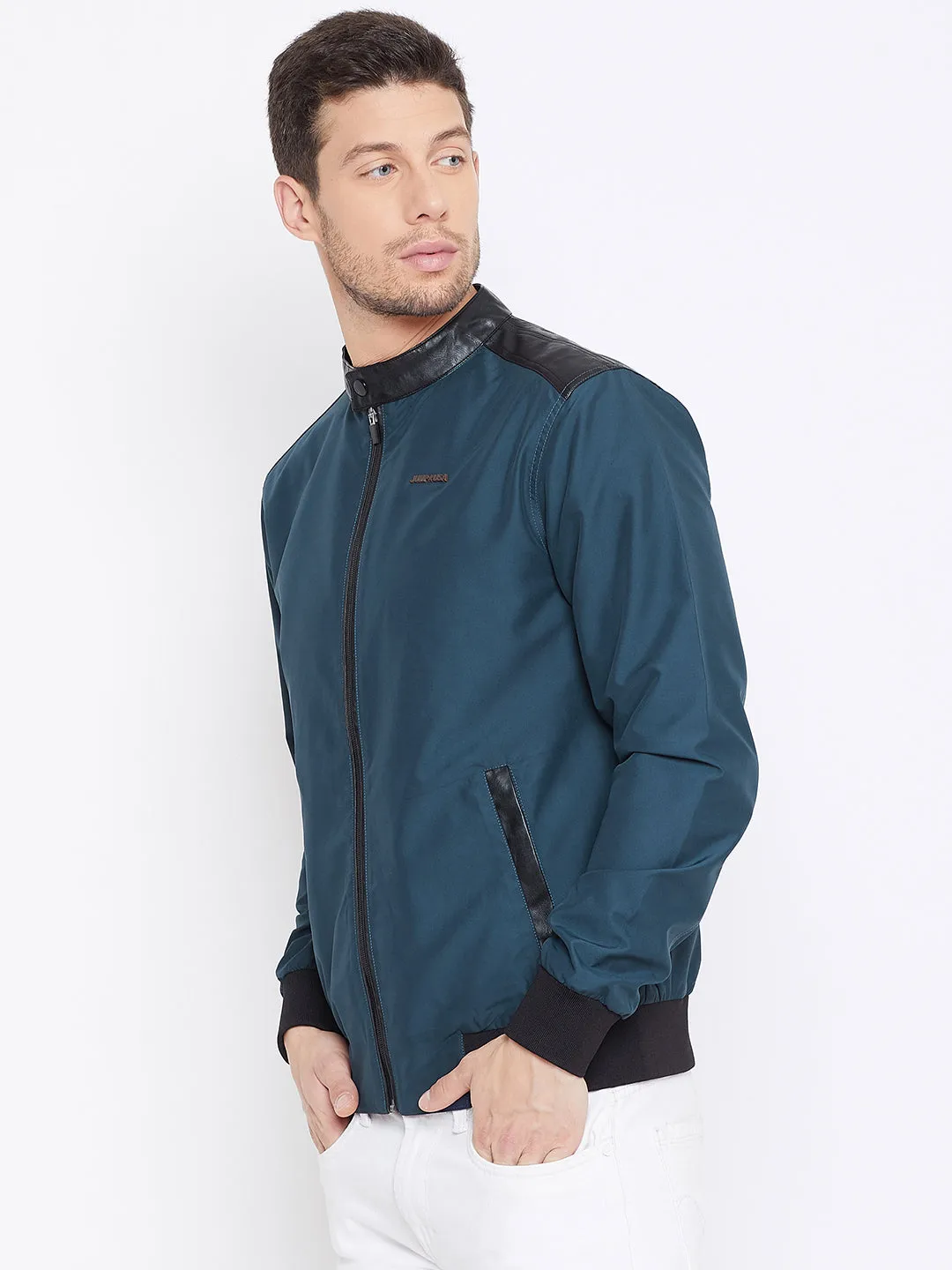 JUMP USA Men Teal Solid Casual Bomber Jacket