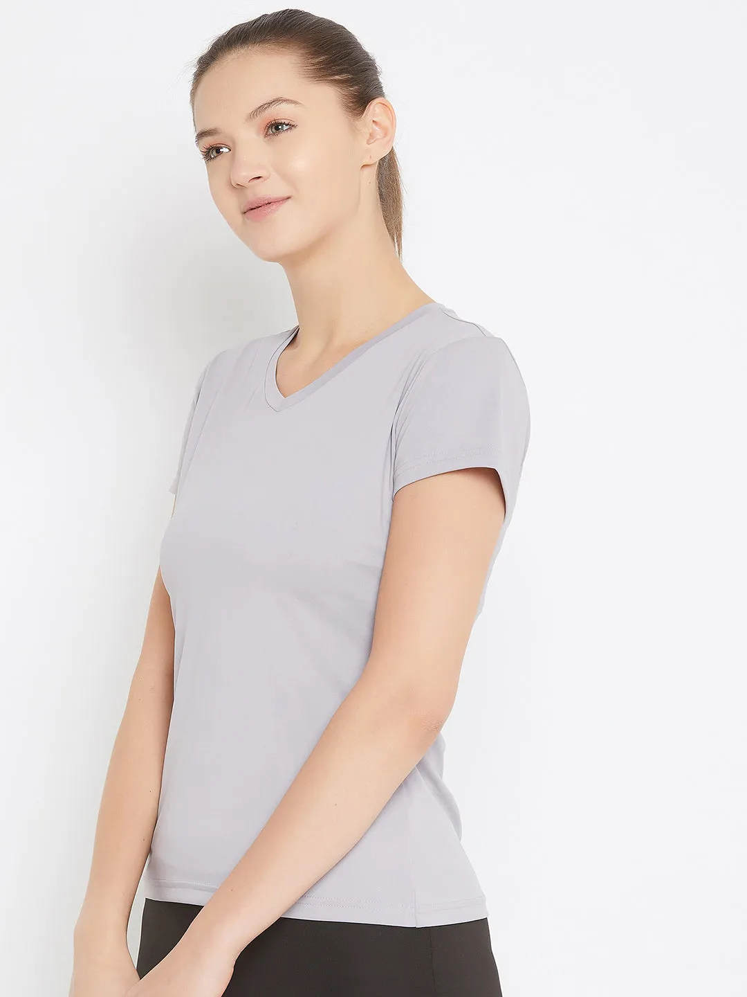 JUMP USA Women Grey Active Wear V- Neck T-shirt