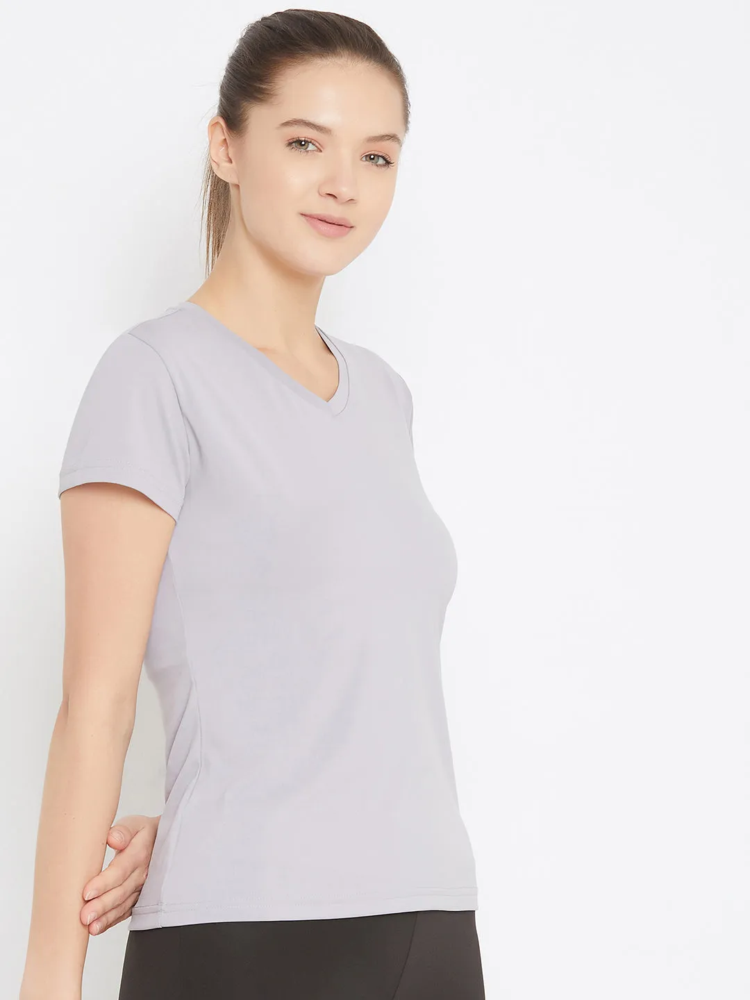 JUMP USA Women Grey Active Wear V- Neck T-shirt