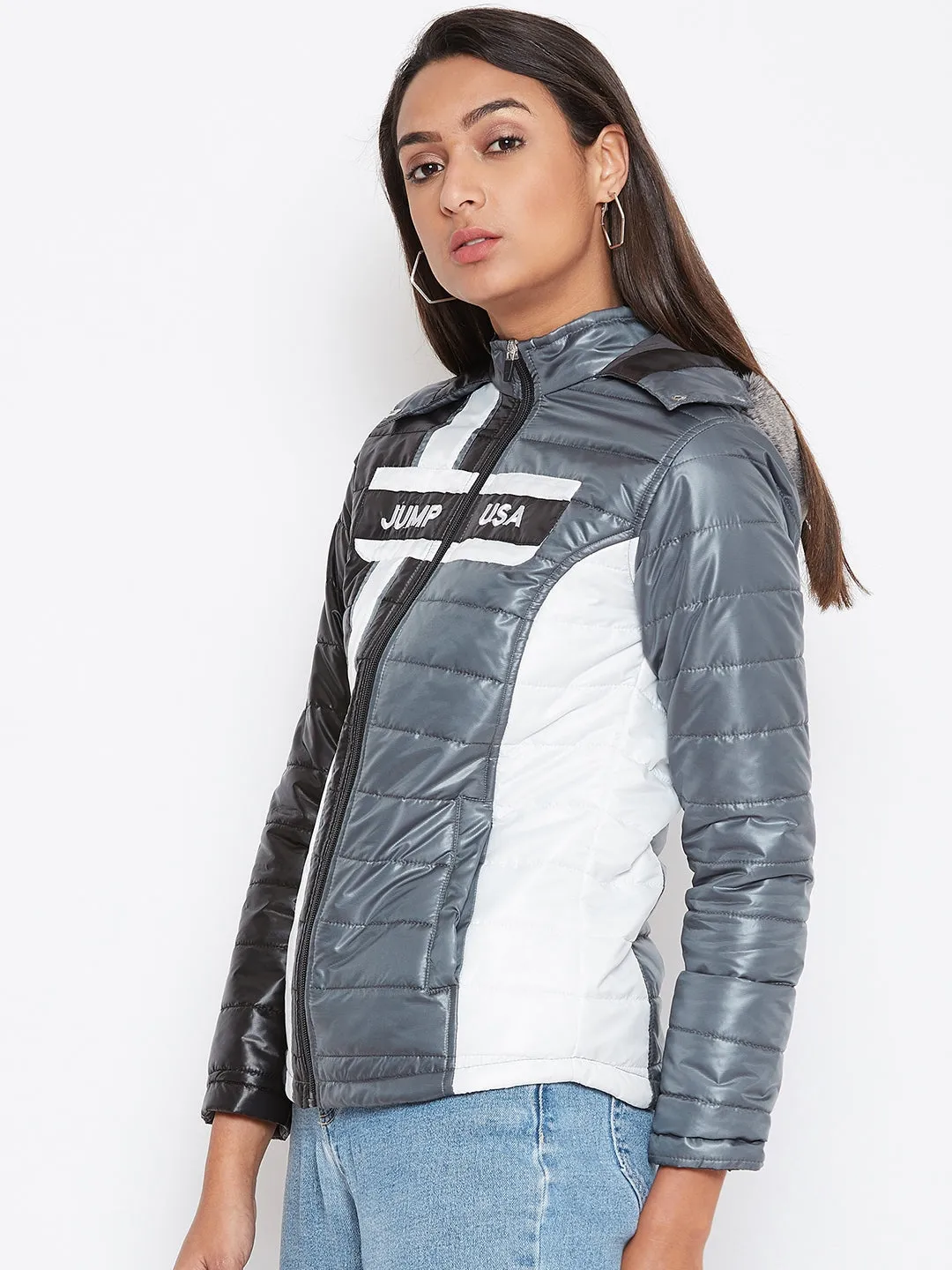 JUMP USA Women Grey Colourblocked Bomber Jacket