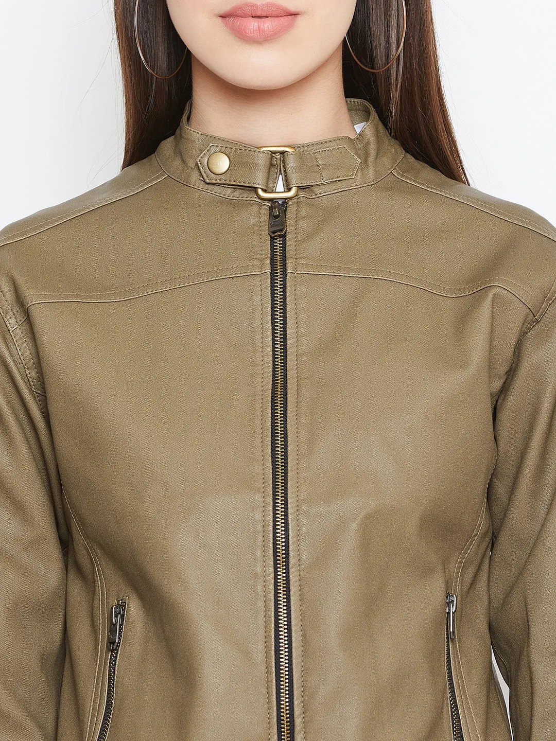 JUMP USA Women Khaki Solid Biker Jacket