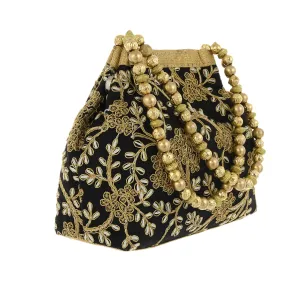 Kuber Industries Polyester Embroidered Potli Batwa Pouch Bag for Women (Black) - CTKTC043744