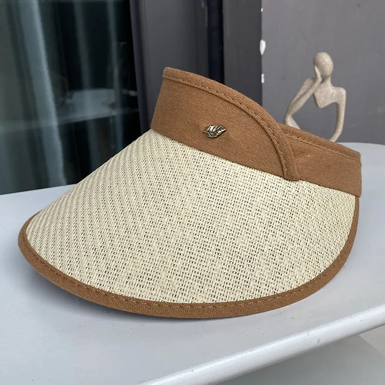 Ladies Wide Brim Straw Hat Sun Hat Summer Beach Foldable Ponytail Empty Top Hat UV Protection