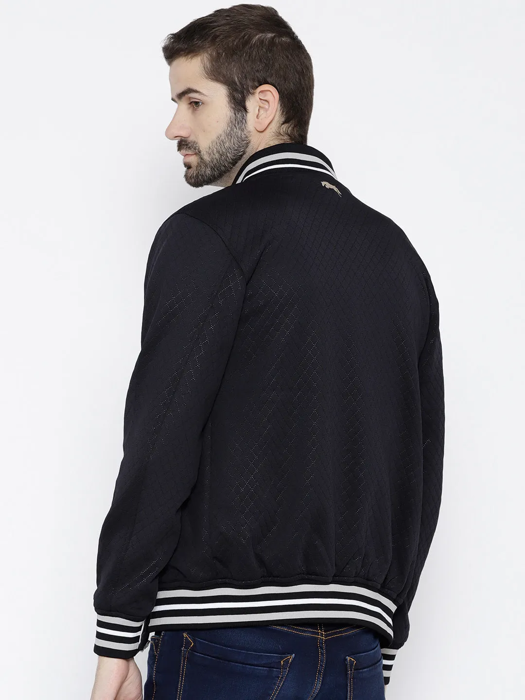 Men Navy Blue self Design Jacket