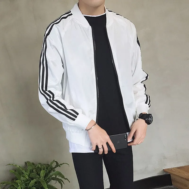 Men Slant Pocket Zip Up Stripe Sports Bomber Jacket