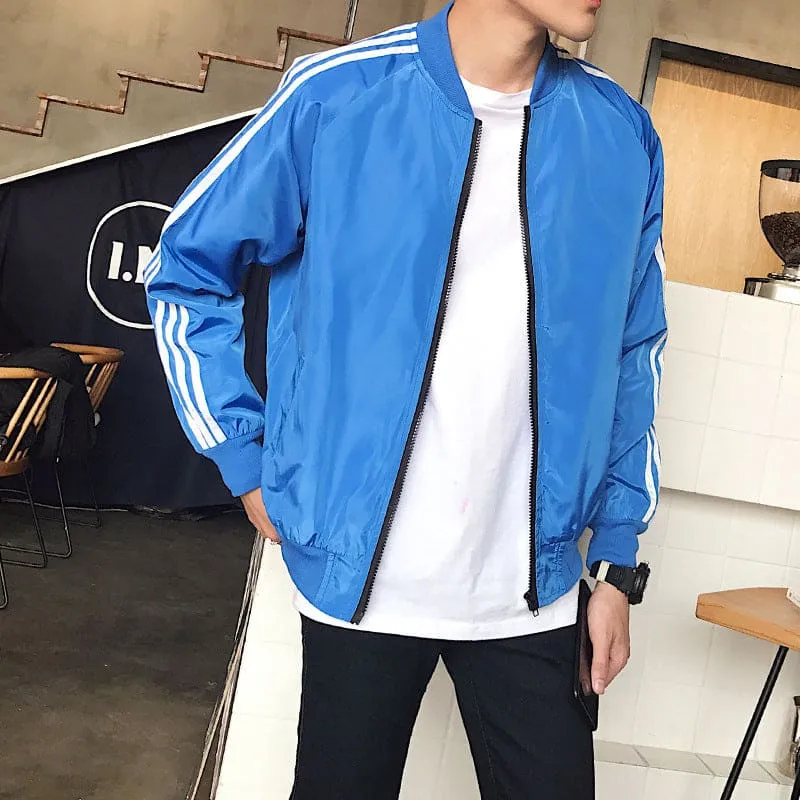 Men Slant Pocket Zip Up Stripe Sports Bomber Jacket