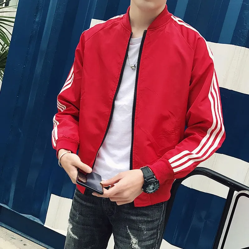 Men Slant Pocket Zip Up Stripe Sports Bomber Jacket