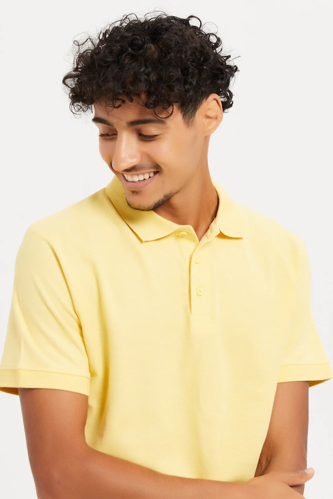 Men Yellow Plain Polo Shirt