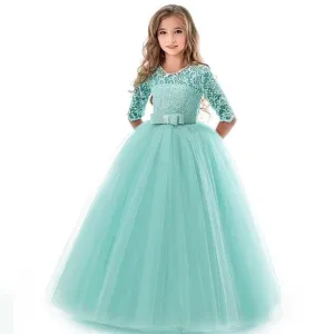 New Princess Lace Floral Embroidery Dress For Girls Vintage Children Dresses For Wedding Party Formal Ball Gown Kids Dress