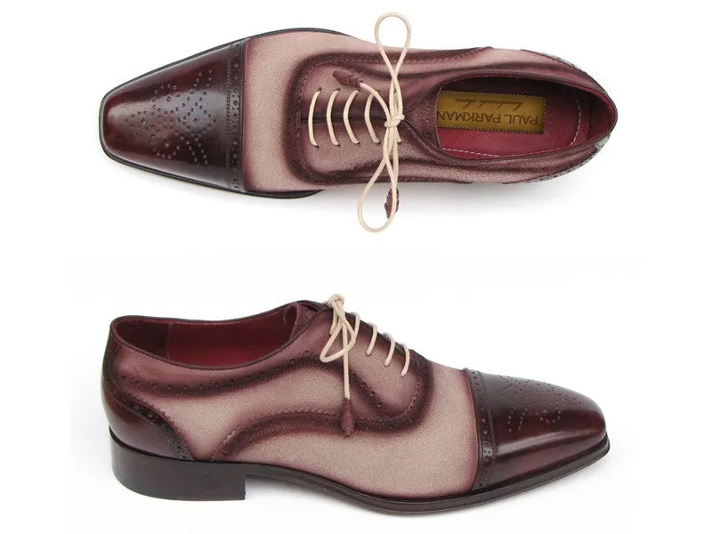 Paul Parkman Captoe Oxfords- Bordeaux/Beige Hand-Painted Suede Upper And Leather Sole