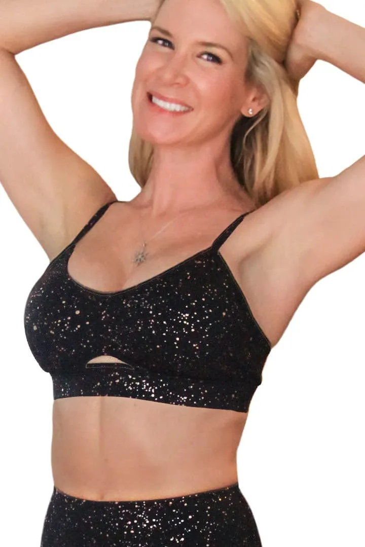 Silver & Rose Gold Sparkle Gabriella Sports Bra - Full Coverage Removable Cup Wirefree Bras for Yoga Training & Gym Workout