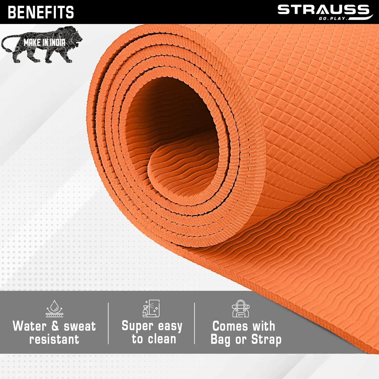 STRAUSS Anti Skid EVA Yoga Mat with Carry Bag, 6mm, Non-Slip Exercise Mat for Home & Gym | Lightweight & Durable Workout Mat | Ideal for Yoga, Pilates, Fitness | Ideal for Men & Women, (Orange)