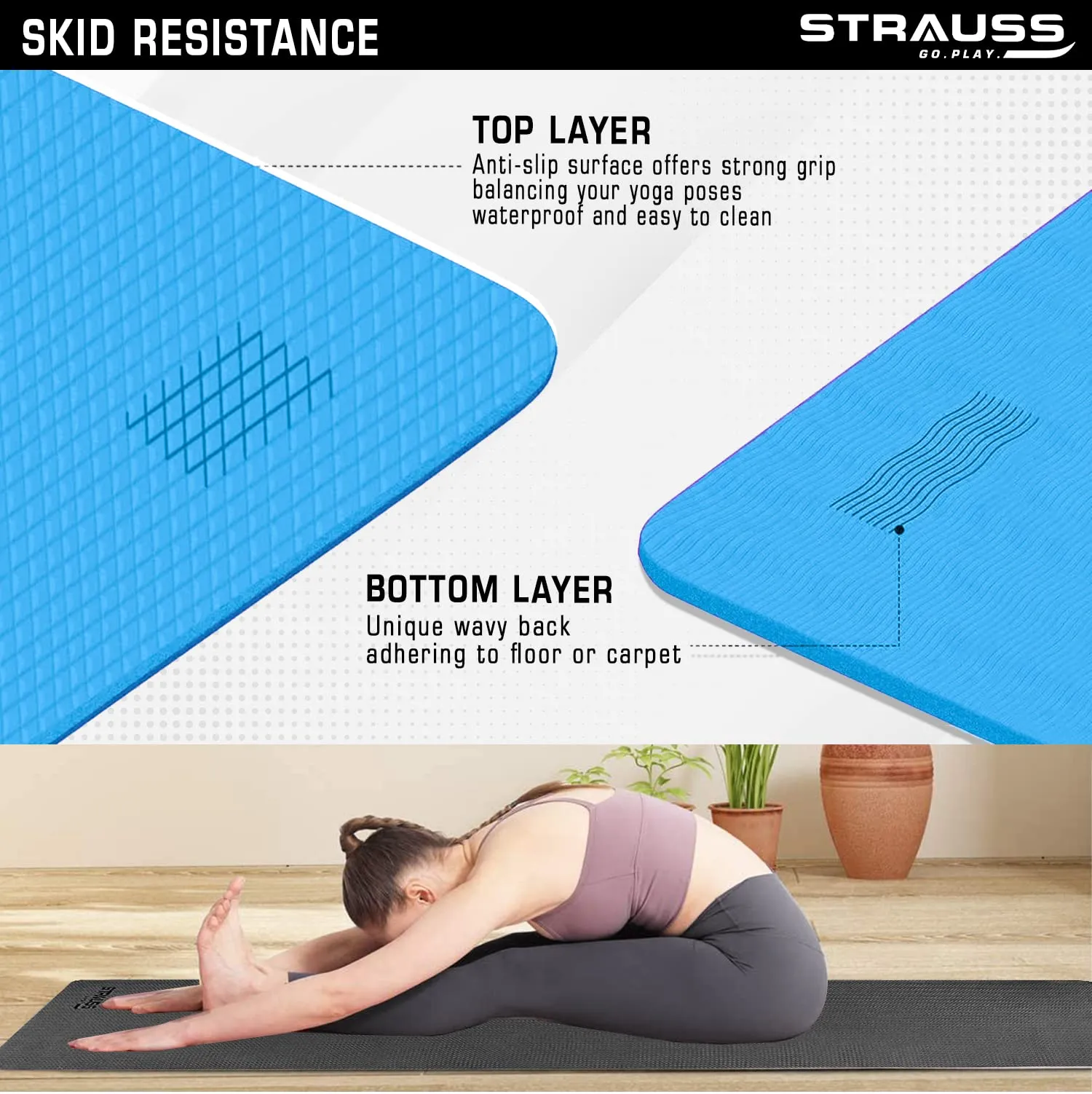 STRAUSS Anti Skid EVA Yoga Mat with Carry Bag, 6mm, Non-Slip Exercise Mat for Home & Gym | Lightweight & Durable Workout Mat | Ideal for Yoga, Pilates, Fitness | Ideal for Men & Women, (Sky Blue)