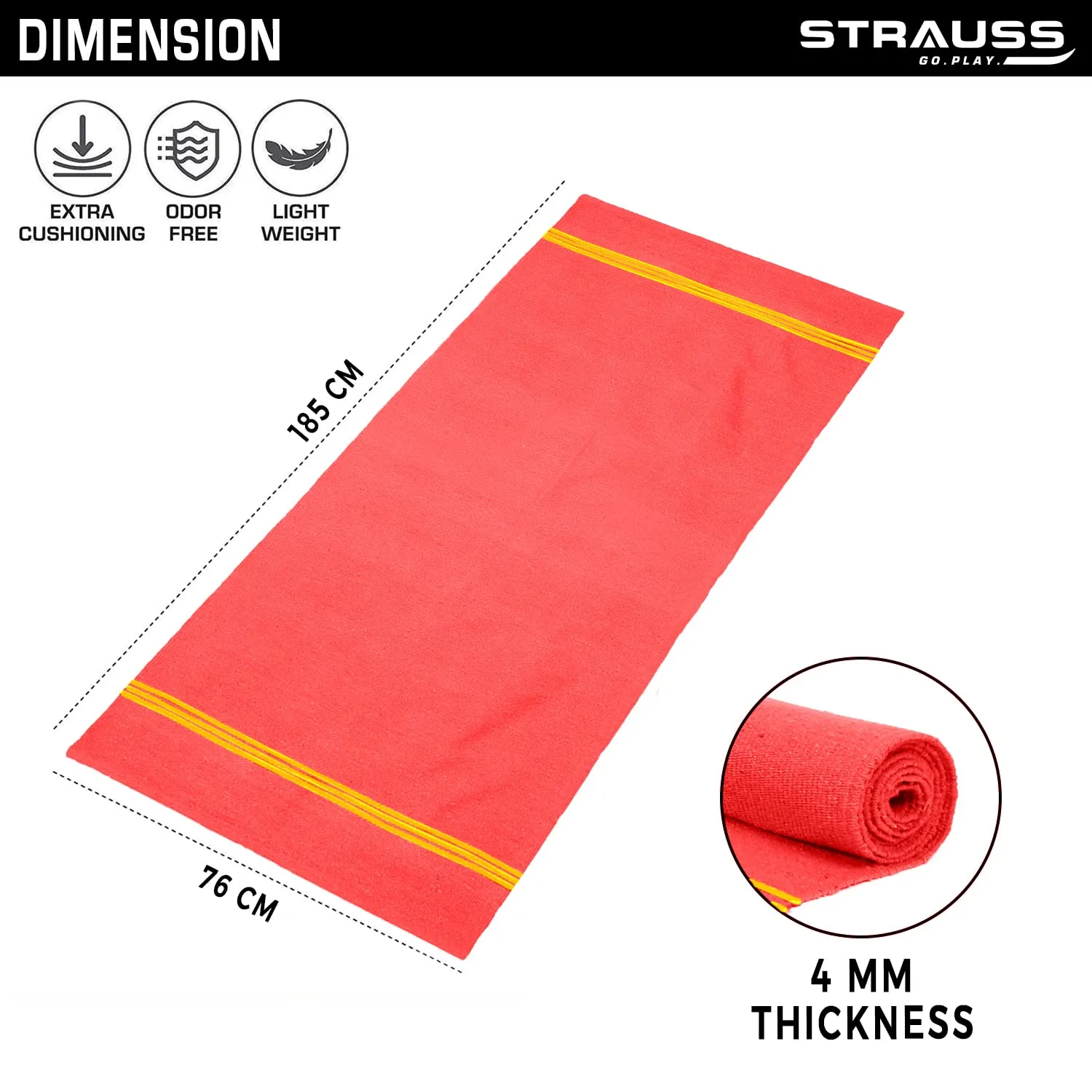 STRAUSS: Cotton Yoga Mat For Women and Men | Exercise mat for home workout, 100% Cotton, Anti Slip Fitness mat | Washable, Breathable, Sweat Absorbent & Eco-friendly material - 4mm (Red)