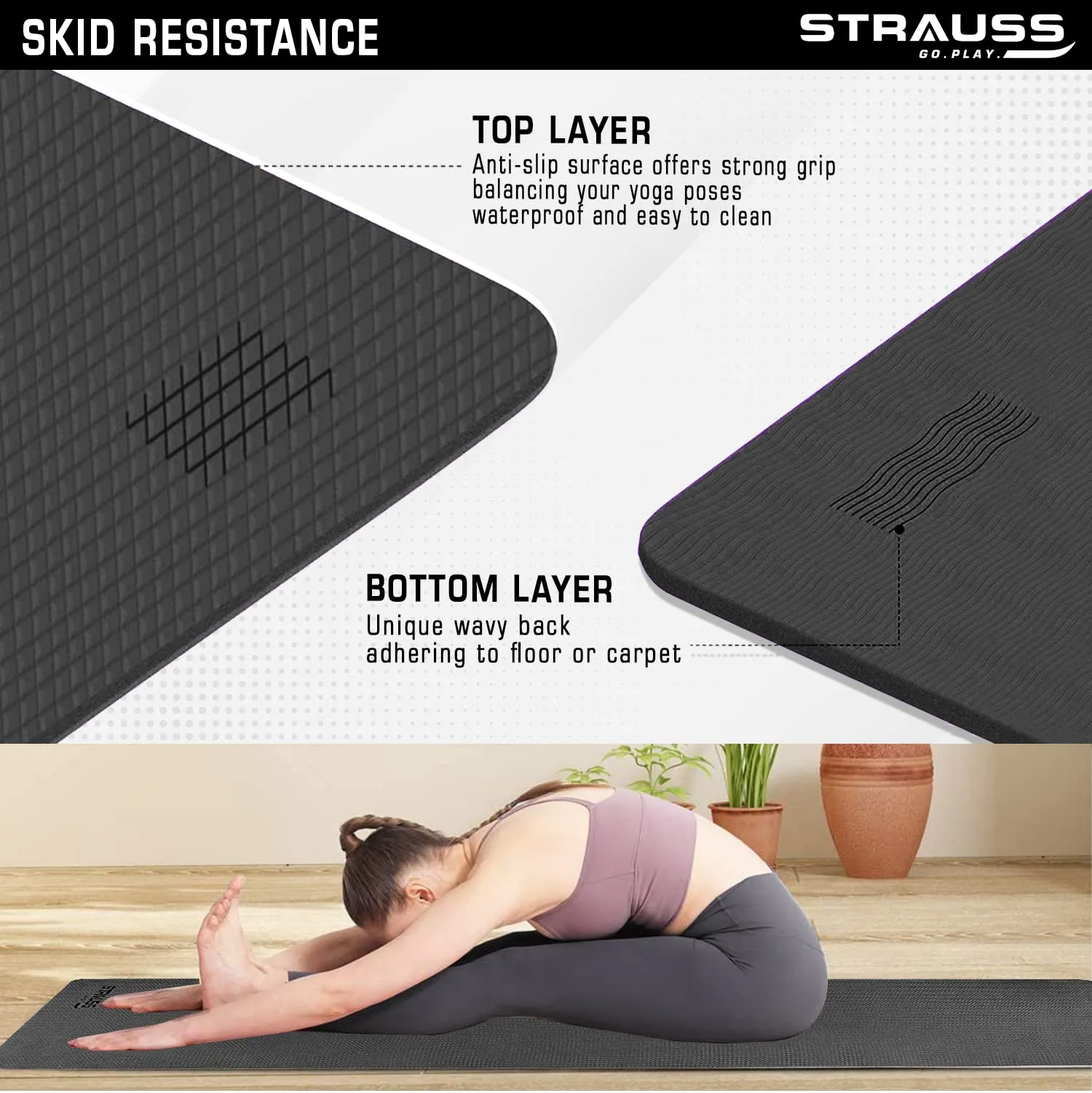 STRAUSS EVA Yoga Mat with Carry Bag | Non-Slip Exercise Mat for Home & Gym | Eco-Friendly, Lightweight & Durable Workout Mat | Ideal for Yoga, Pilates, Fitness | Ideal for Men & Women,8mm,(Black)