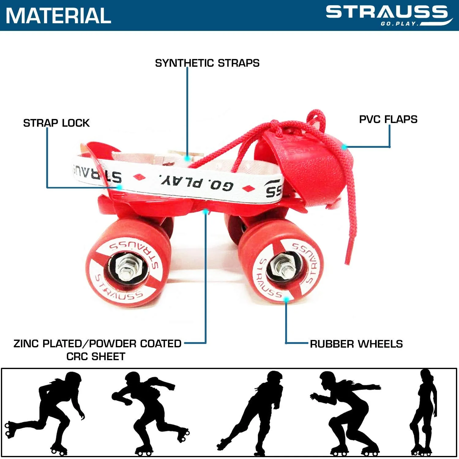 STRAUSS Junior Tenacity Roller Skates | Adjustable Shoe Size for Kids | 4 Wheels Skates for Boys and Girls | for Indoor and Outdoor Skating | Age Group 3-7 Years | Weight Capacity Upto 60kgs, (Red)