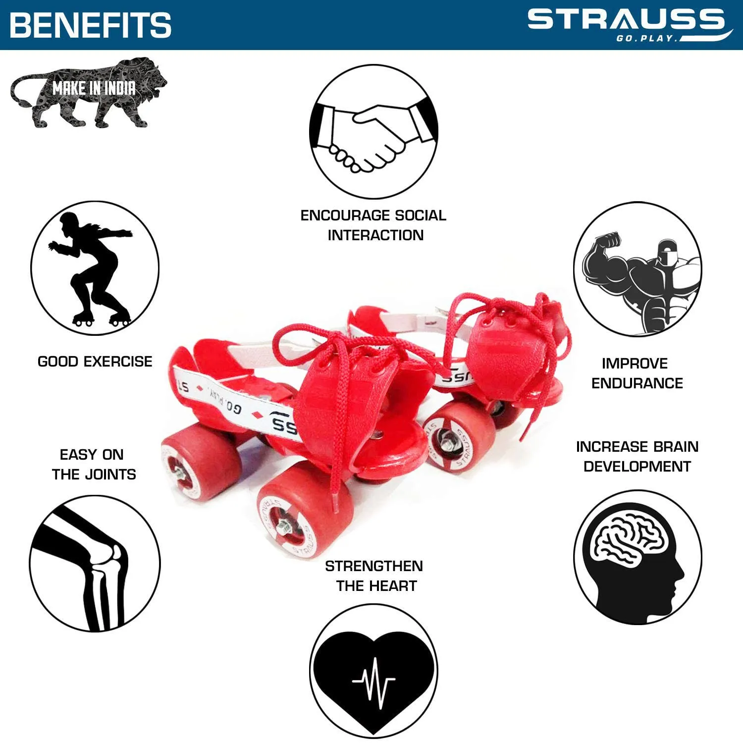 STRAUSS Junior Tenacity Roller Skates | Adjustable Shoe Size for Kids | 4 Wheels Skates for Boys and Girls | for Indoor and Outdoor Skating | Age Group 3-7 Years | Weight Capacity Upto 60kgs, (Red)