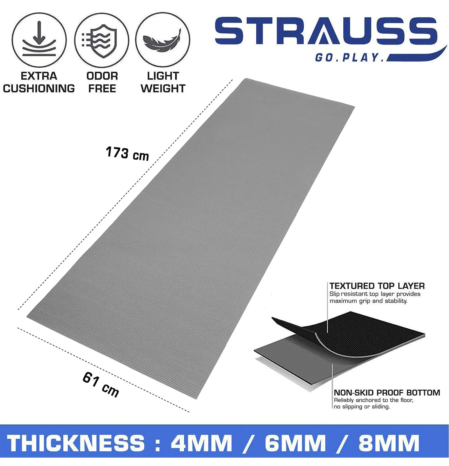 Strauss Multi-Purpose Yoga Mat with Carry Bag|Eco-friendly Anti-Slip Exercise & Fitness Yoga Mat for Men & Women|Home Gym Mat for Workout,Yoga,Pilates & Floor Exercises|Sizes: 4mm/6mm/8mm,(Grey)