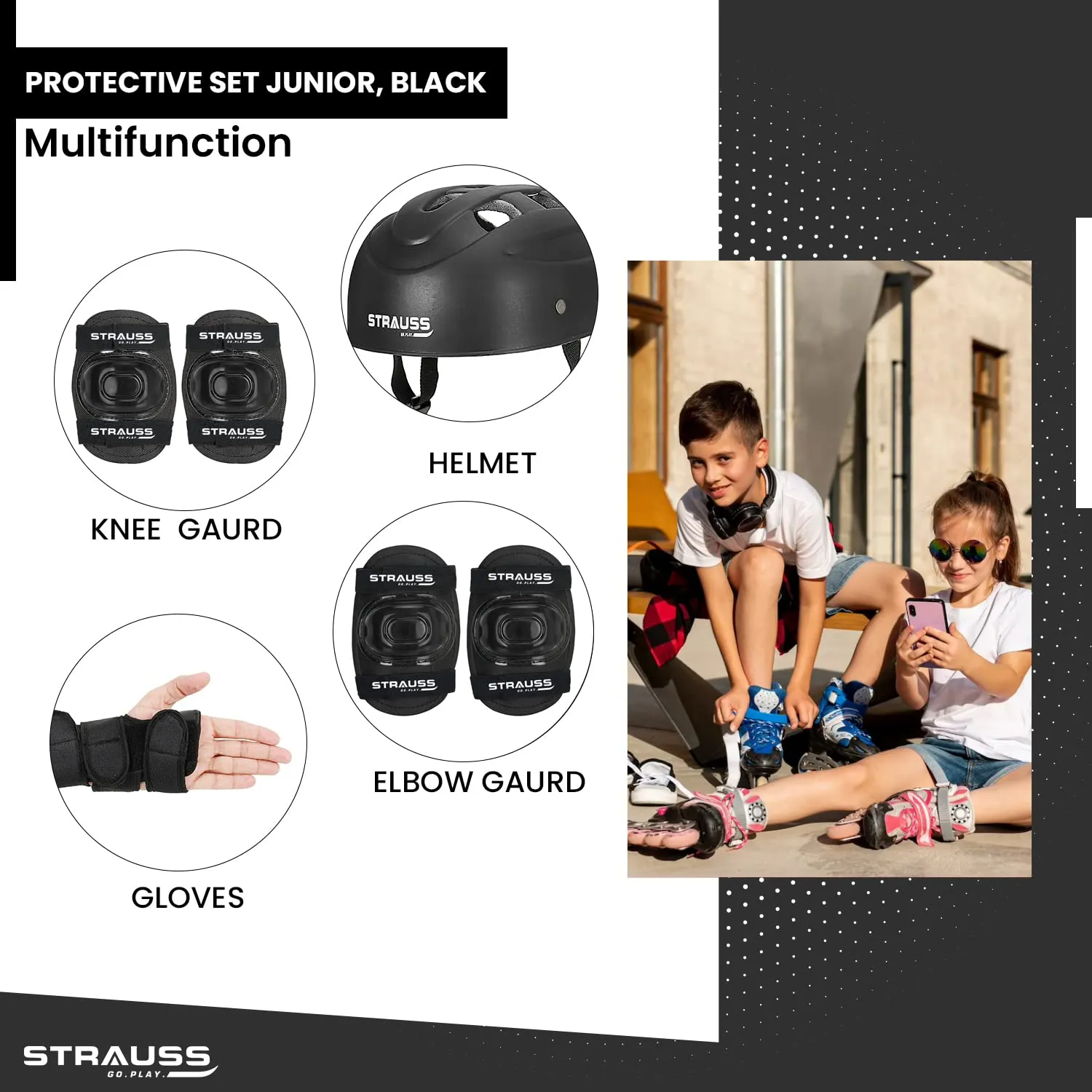 Strauss Professional 4-Piece Roller Skating Protective Set|Helmet,Knee Pads, Elbow Pads, Wrist Guards|All-in-One Safety Gear for Skateboarding, Skating|Protective Gear for Skaters,Riders and Cyclists