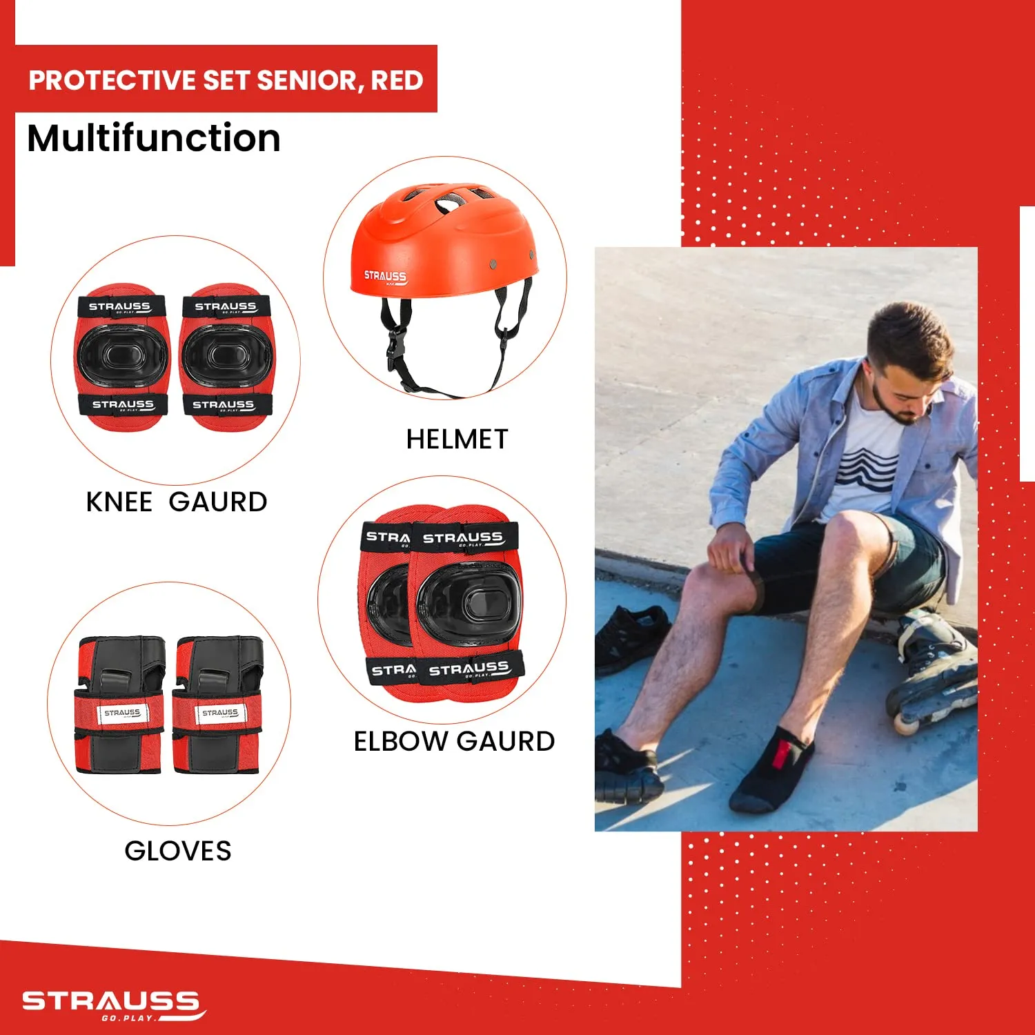 Strauss Professional All-in-One Protective Gear Set |4 Pieces for Roller Skating,Skateboarding,Inline Skating,Cycling & Running|Safety Gear for Boys & Girls|Complete Protection Kit|Size: Senior,(Red)