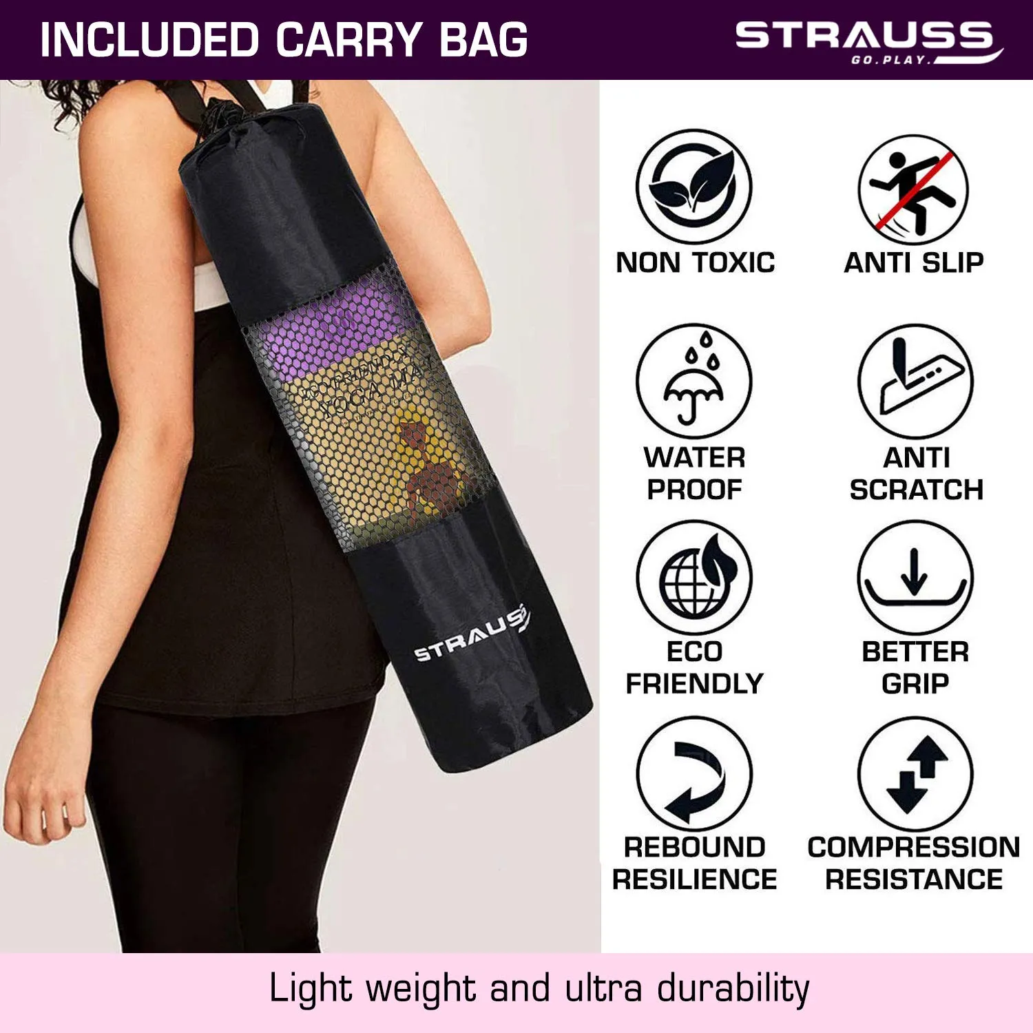 Strauss TPE Eco-Friendly Yoga Mat with Carry Bag |Anti-Slip Exercise & Fitness Yoga Mat for Men & Women|Home & Gym Mat for Workout, Yoga,Pilates & Floor Exercises|Sizes: 4mm/6mm/8mm,(Purple)