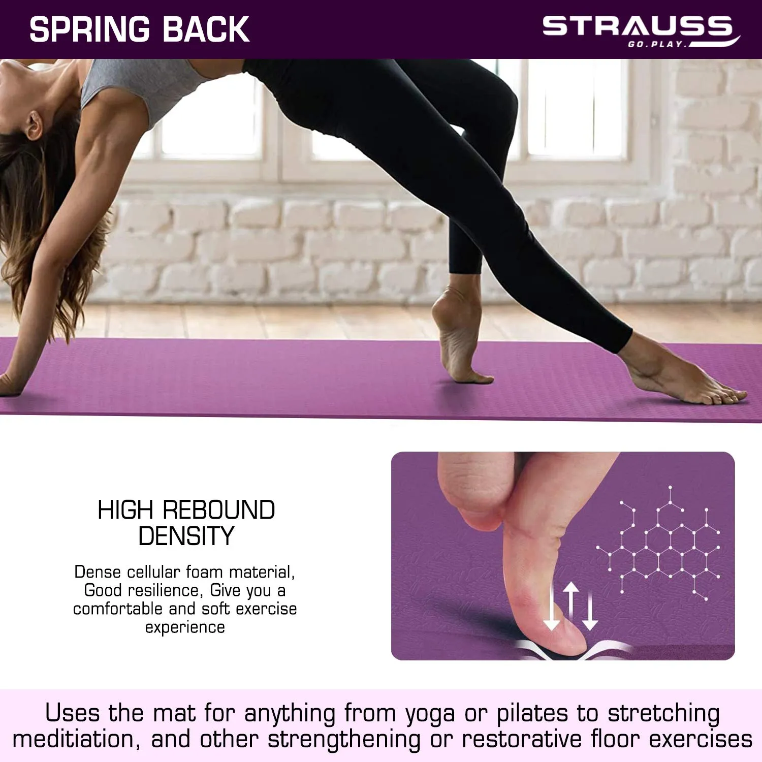 Strauss TPE Eco-Friendly Yoga Mat with Carry Bag |Anti-Slip Exercise & Fitness Yoga Mat for Men & Women|Home & Gym Mat for Workout, Yoga,Pilates & Floor Exercises|Sizes: 4mm/6mm/8mm,(Purple)