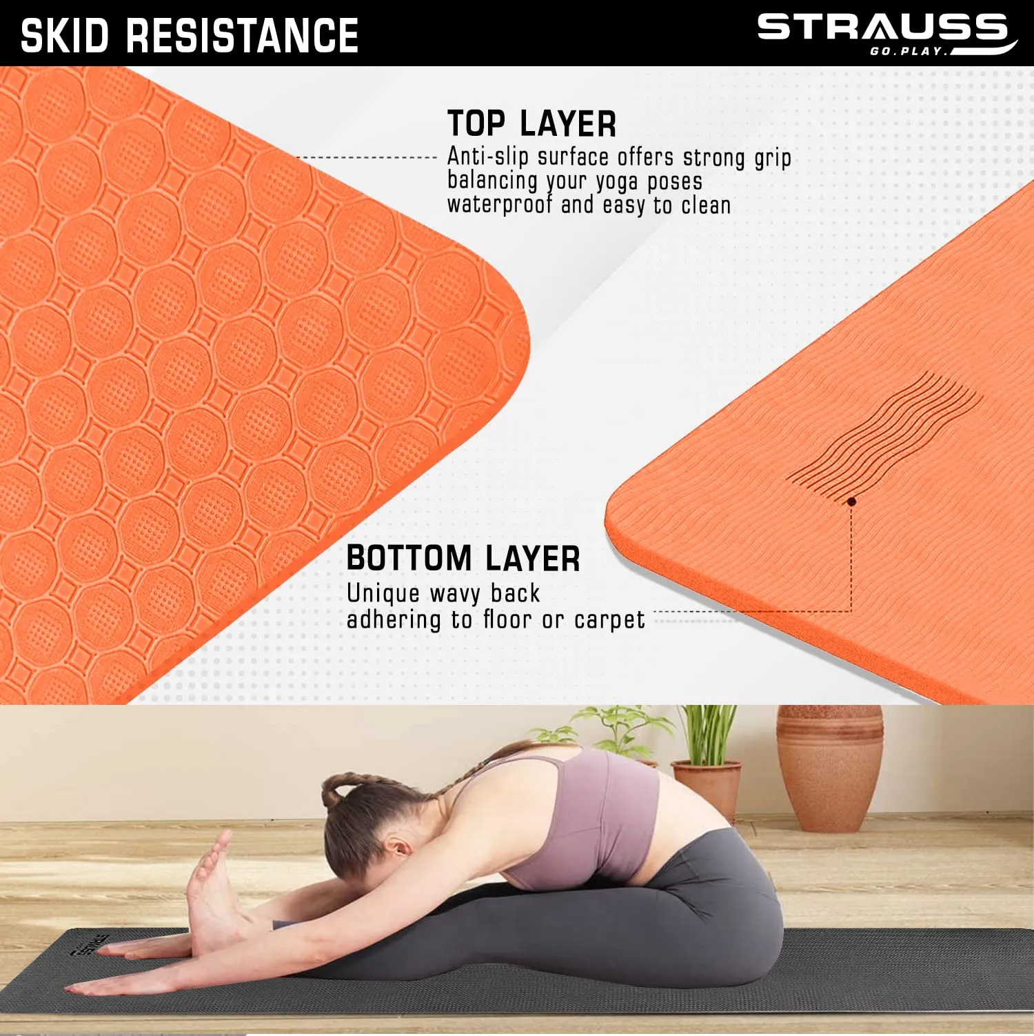 Strauss TPE Yoga Mat | Exercise Mat For Home Workout, Gym and Yoga Sessions | Anti Slip Gym Mat | Workout Mat For Men, Women and Kids | Yoga Mat With Carry Strap | Thickness: 8MM,(Orange)