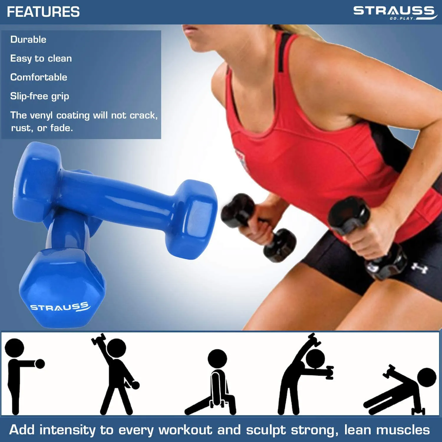 Strauss Unisex Vinyl Dumbbells Weight for Men & Women | 1Kg (Each)| 2Kg (Pair) | Ideal for Home Workout and Gym Exercises (Blue)