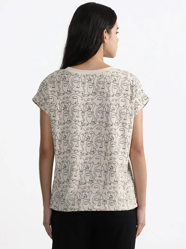 Studiofit Cream Face Printed Cotton T-Shirt