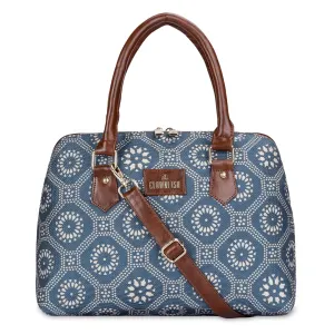 THE CLOWNFISH Montana Series Printed Handicraft Fabric & Faux leather Handbag for Women Office Bag Ladies Purse Shoulder Bag Tote For Women College Girls (Cerulean Blue)