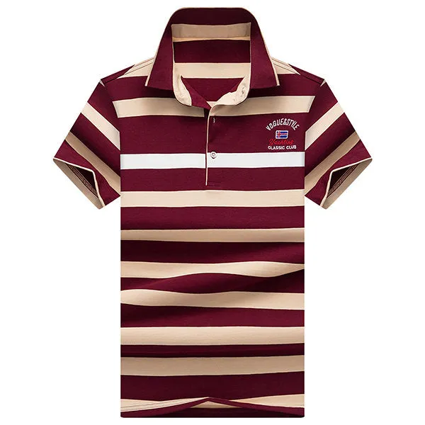 Turn-down Collar Casual Business Polo Shirt Cotton Striped Printed Short Sleeve