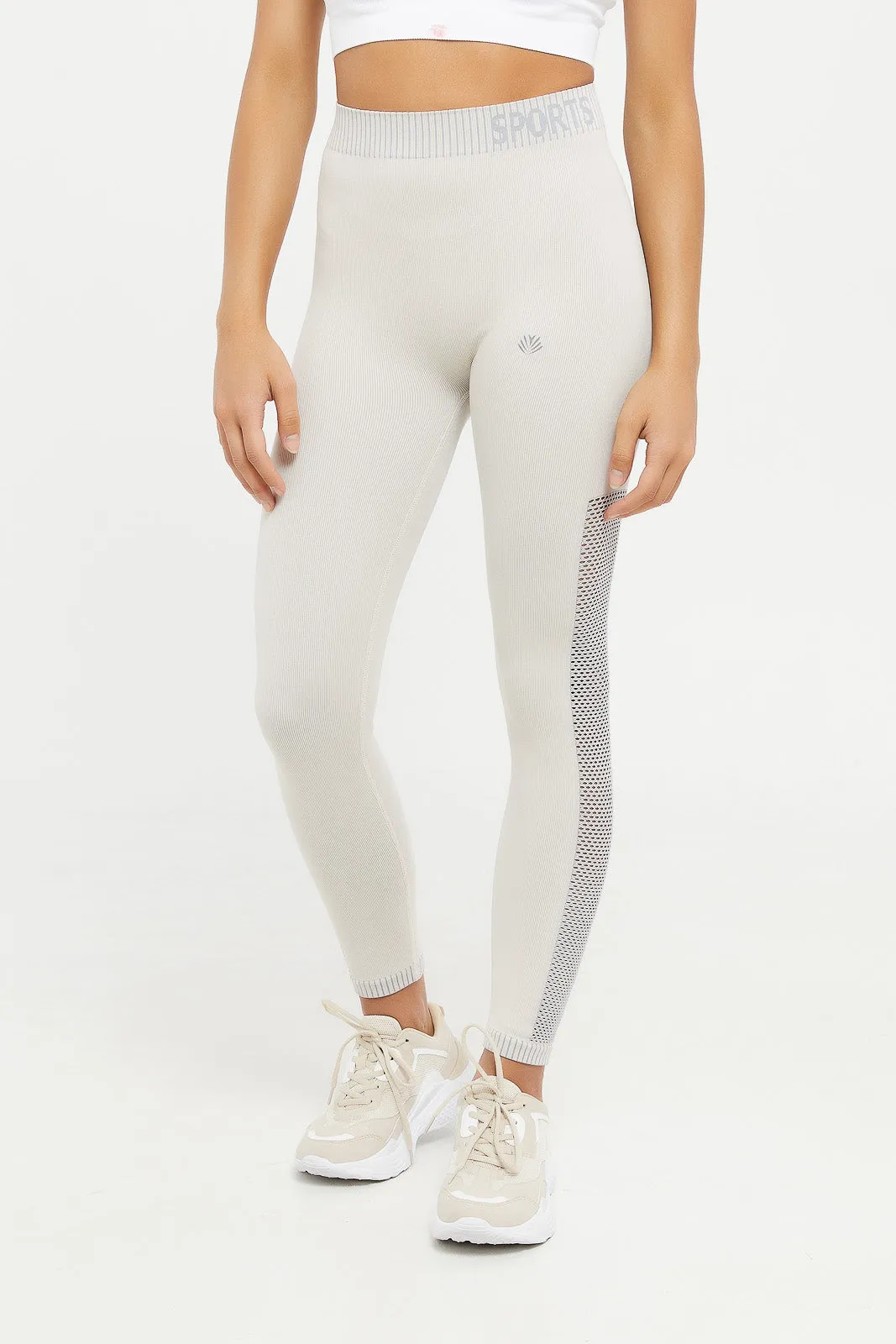 Women Beige Seamless Jecquard Leggings