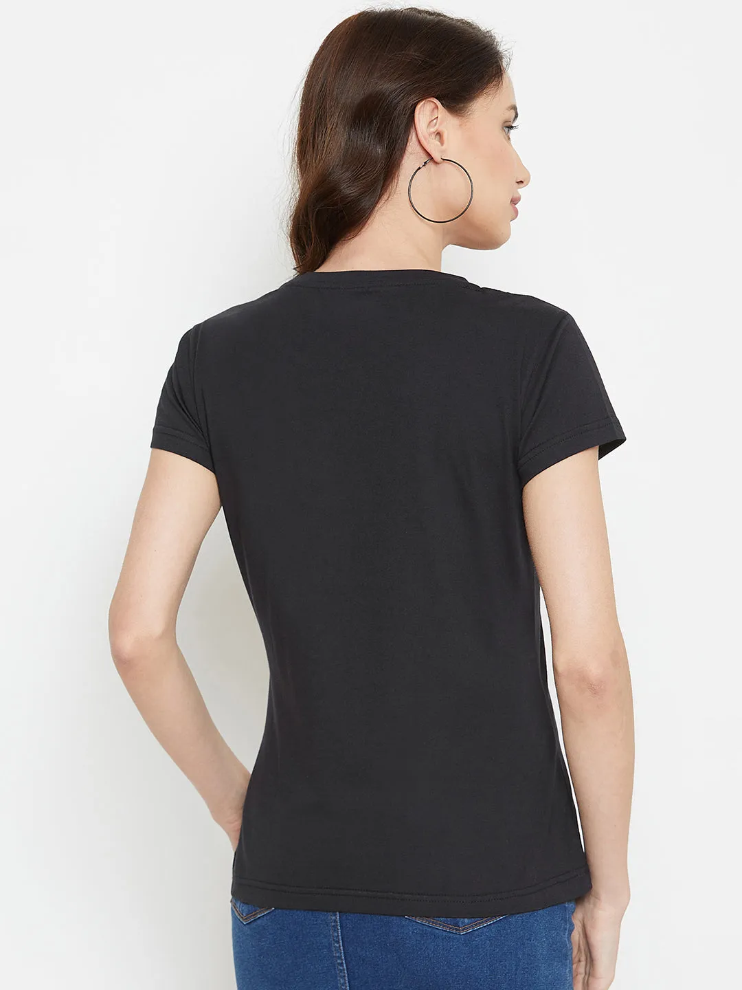 Women Black Solid Casual Round Neck T-shirt