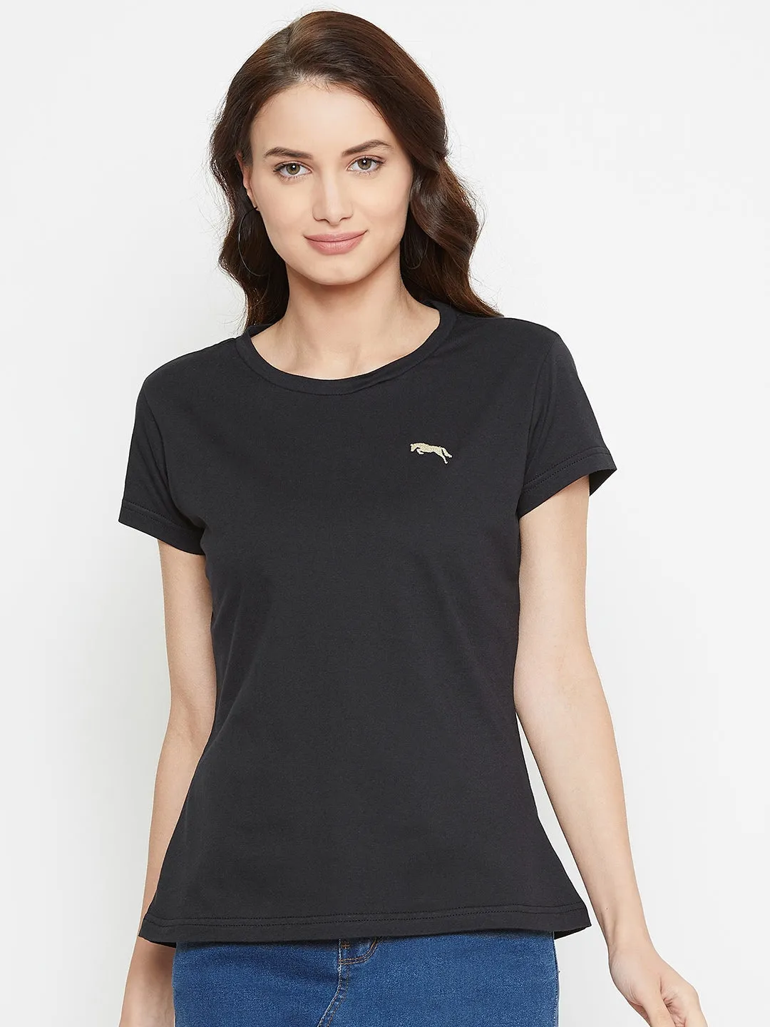 Women Black Solid Casual Round Neck T-shirt