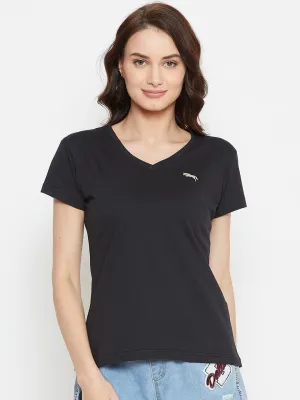 Women Black Solid Casual V Neck T-shirt