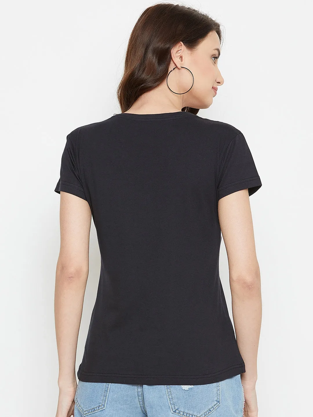 Women Black Solid Casual V Neck T-shirt