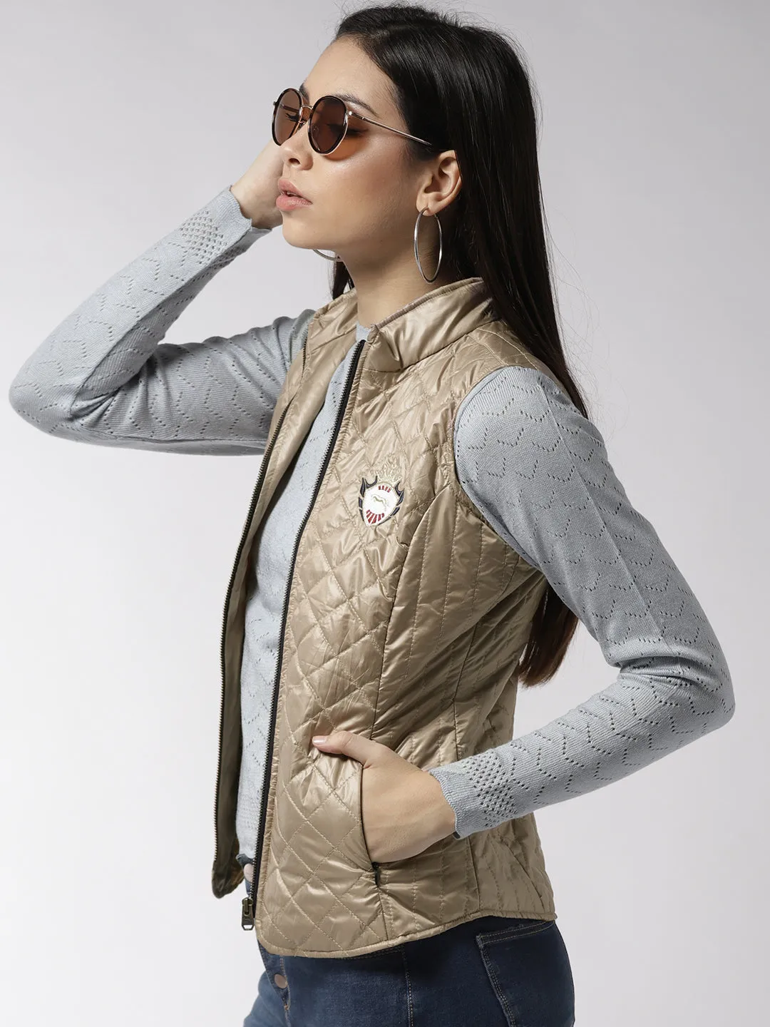 Women Sleeveless Beige Jacket