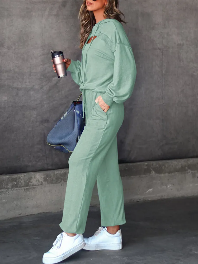 Womens Long Sleeve Cutout Hoodies and Drawstring Pants Tracksuit Lounge Set with Pockets