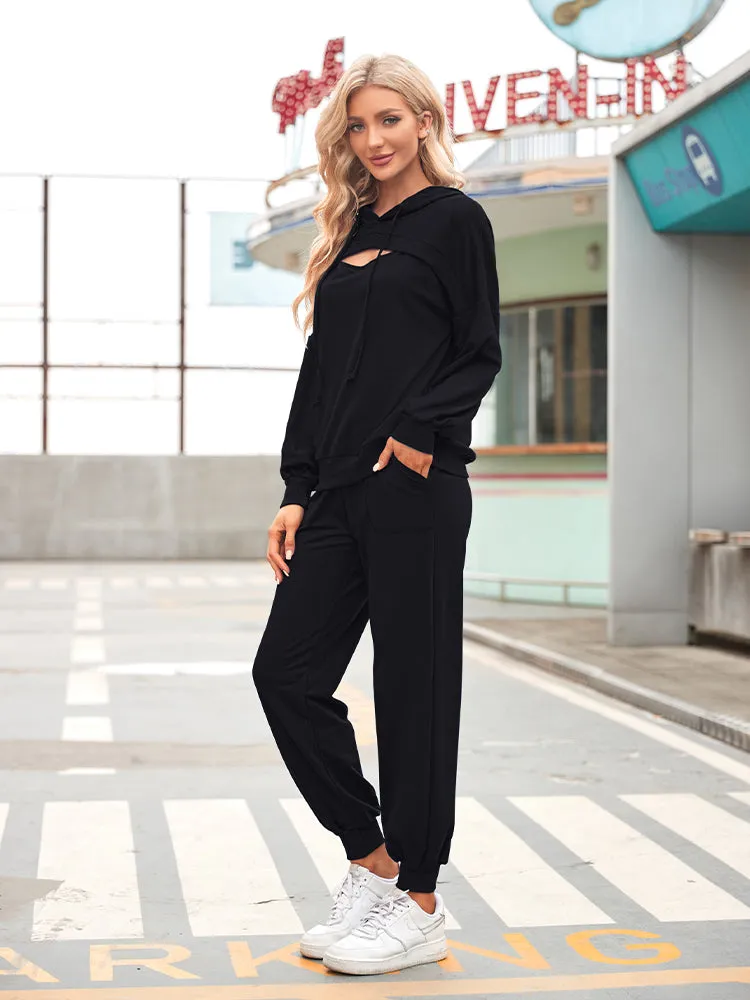 Womens Long Sleeve Cutout Hoodies and Drawstring Pants Tracksuit Lounge Set with Pockets