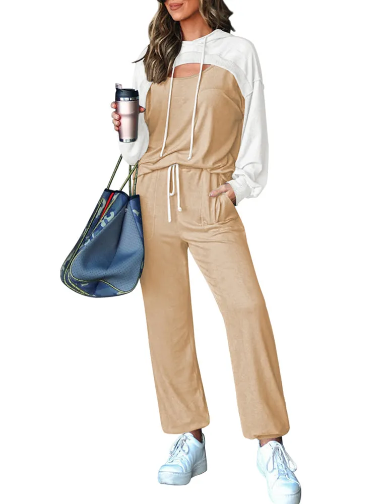 Womens Long Sleeve Cutout Hoodies and Drawstring Pants Tracksuit Lounge Set with Pockets